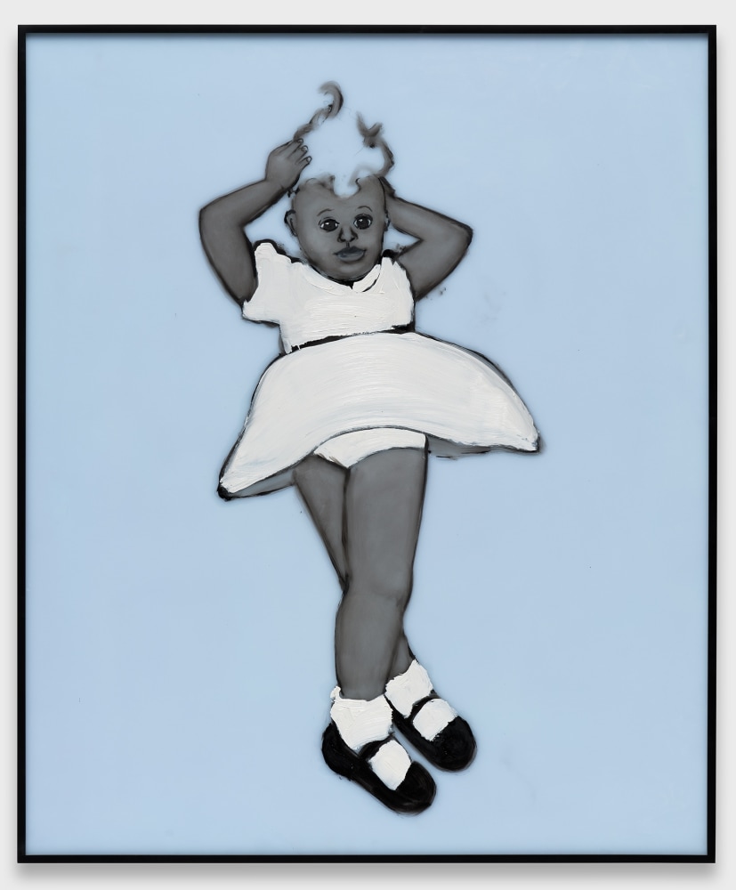 Girl in white frilly dress and black mary janes against a blue backdrop, with her hands around her head and feet crossed in front of her.