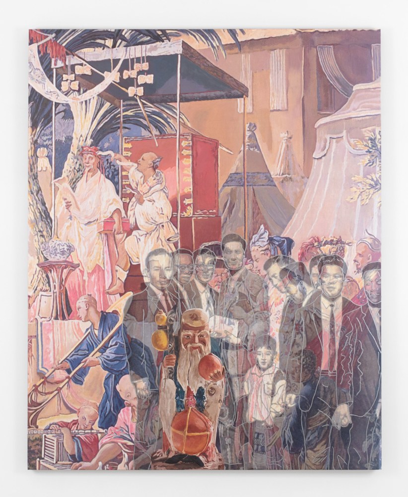 A translucent photograph of several figures against the painting of a man being tended to by servants under a tent and against the backdrop of assorted architecture.