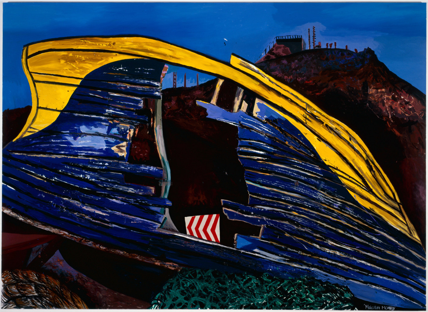 painting of a blue and yellow boat hull damaged and overturned in the foreground and a hill rising in the background