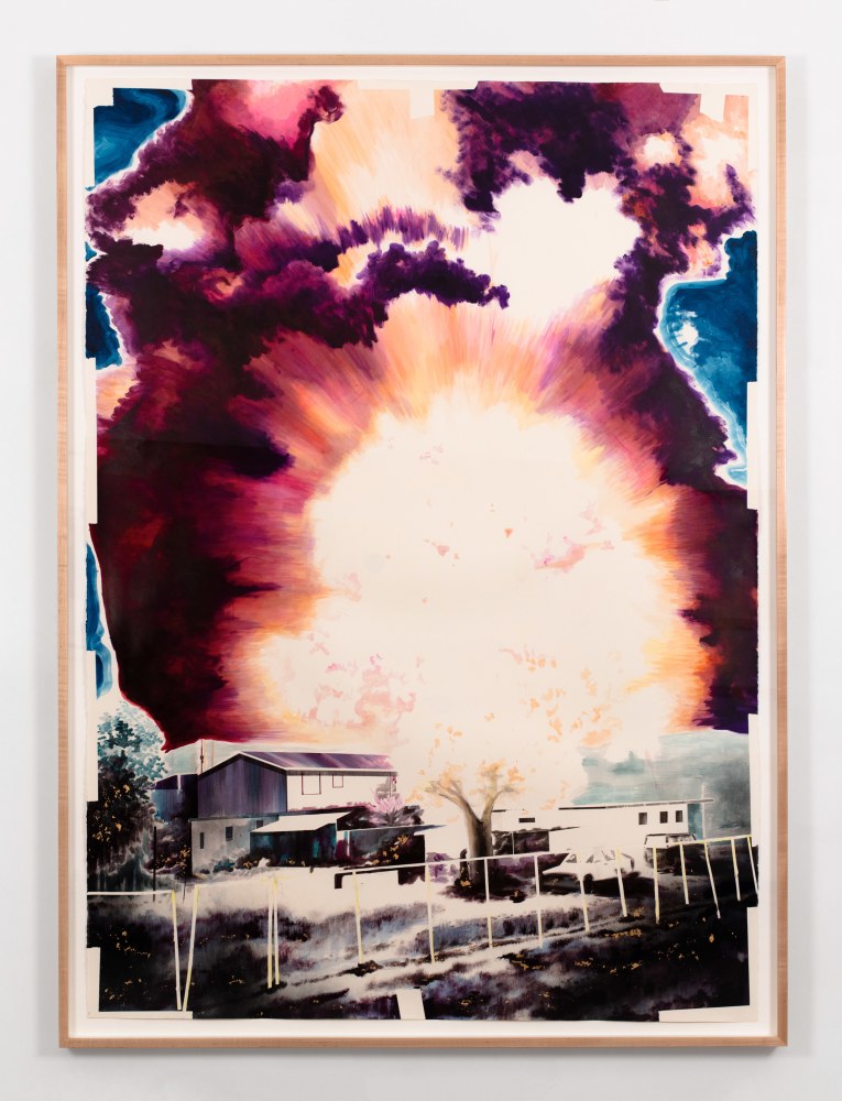 Dark foreground with fence and house behind it and abstract colorful explosion in background