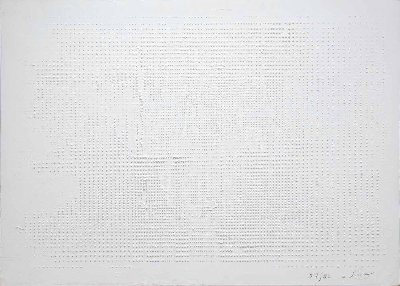 Otto Piene
Untitled (Rasterbild), 1957/1982
oil on board
28 3/4 x 40 inches (73 x 101,6 cm) 33 x 44 1/2 inches (84 x 113 cm) frame
SW 15374
Private Collection