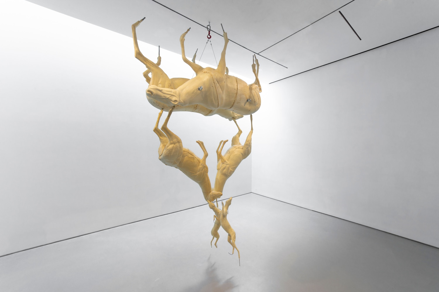 Large sculpture made of tan-colored taxidermy molds of deer-like animals, suspended from the ceiling in a cluster with limbs pointing outward