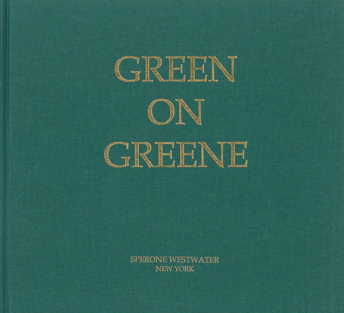 green cloth bound catalogue with gold text reading Green on Greene