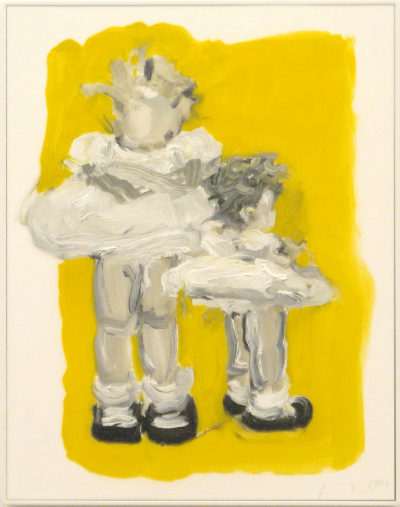 painting with two girls in front of a yellow background