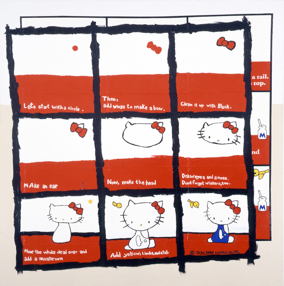 Comic strip with 3x3 panels, depicting an instruction to draw Hello Kitty, a white cartoon cat with a red bow and blue overalls.