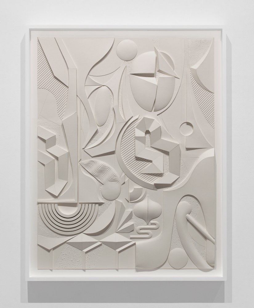 cream-colored monochromatic bas-relief with abstract geometric and organic forms