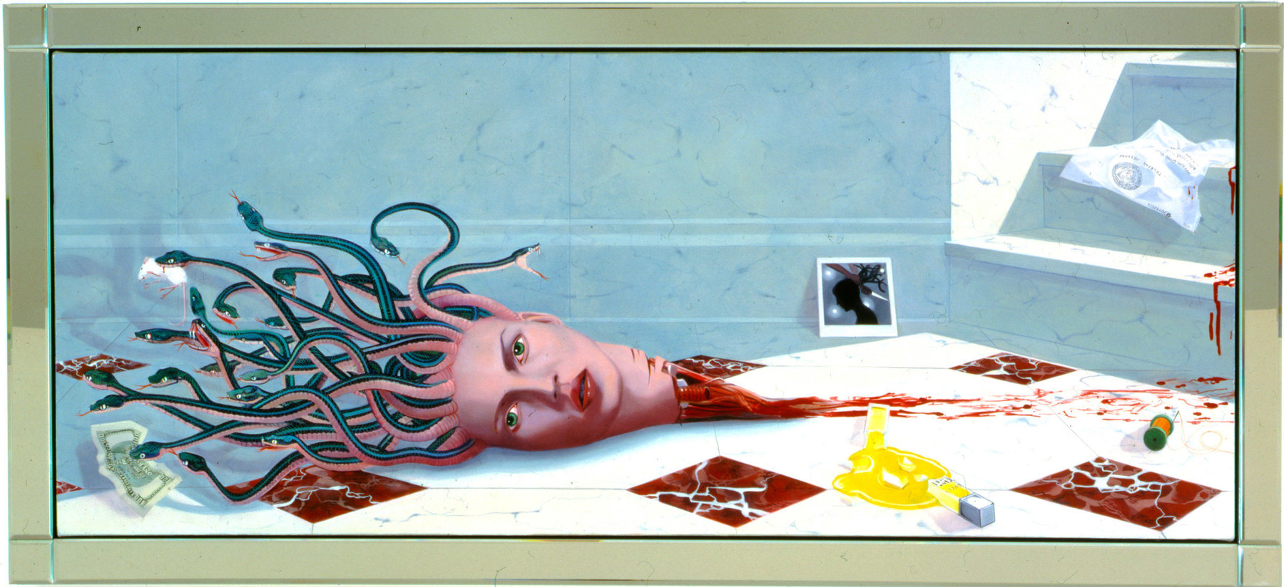 Frank Moore
To Die For, 1997
oil on canvas on featherboard with mirror frame
27 3/4 x 61 5/8 inches (70,5 x 156,5 cm)
SW 98022
Private Collection