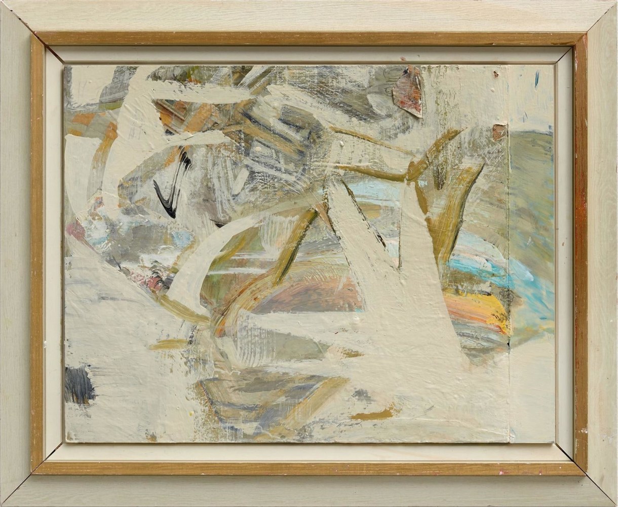 abstract painting with warm neutral colors in a found frame