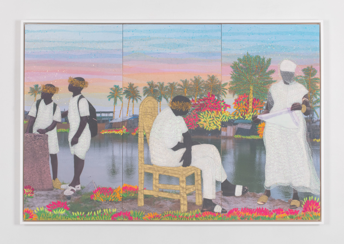 framed artwork of two young people to the left side and two older people sitting around a table, in front of a body of water.