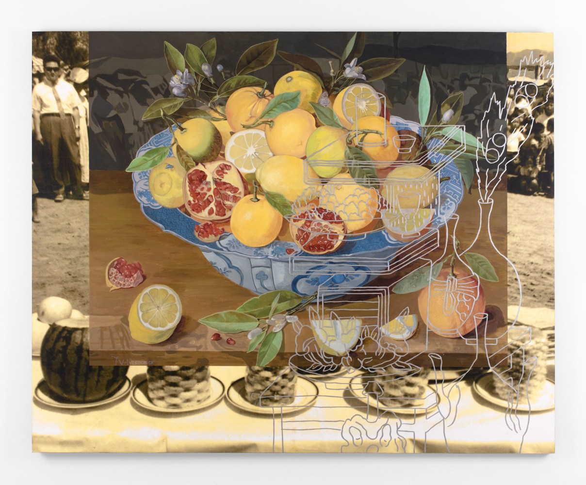 A bowl of fruit with centered in a scene with a white outline of vases and assorted boxes on the proper left, overlay an image of a table with men and children in the background.