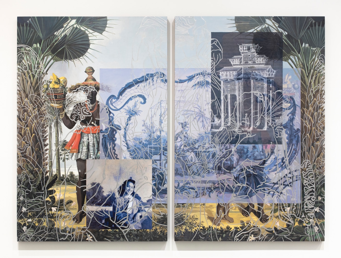 Diptych executed with two separate wood panels featuring a combination of images, mythical figures, plant life, and images overlay or on top of drawing and painting