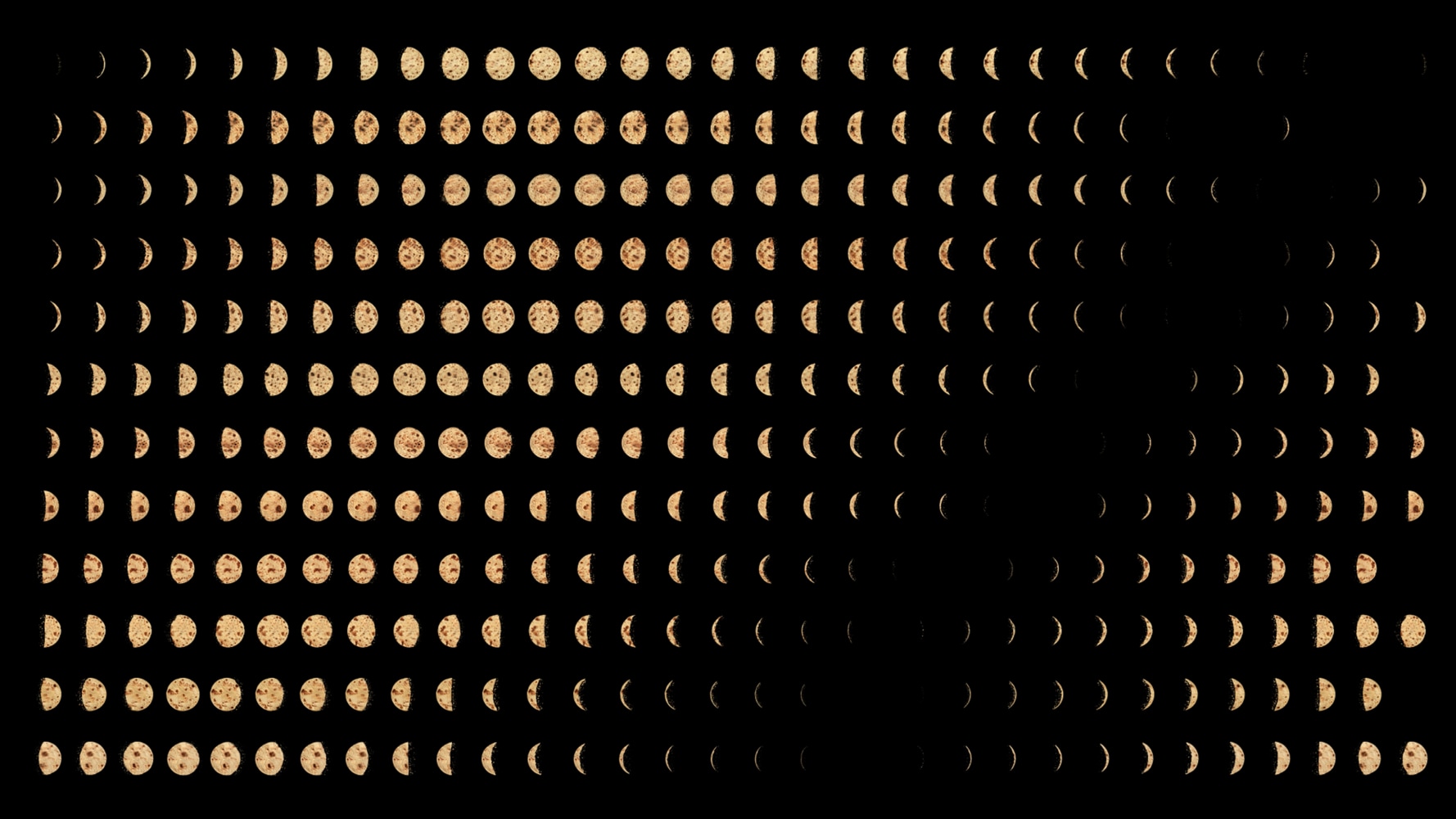 film still of rotis shaped like the phases of the moon against a black background
