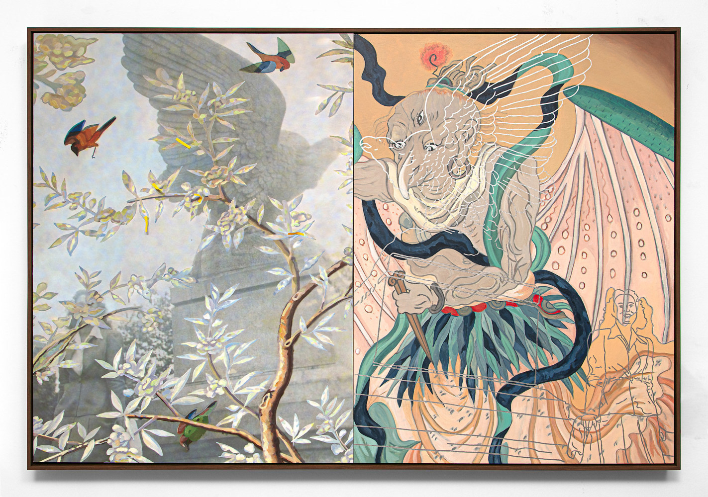 diptych with a woman standing beside a large bird monument behind painted Chinoiserie-style tree branches with birds on the left and the winged Chinese god of thunder on the right panel