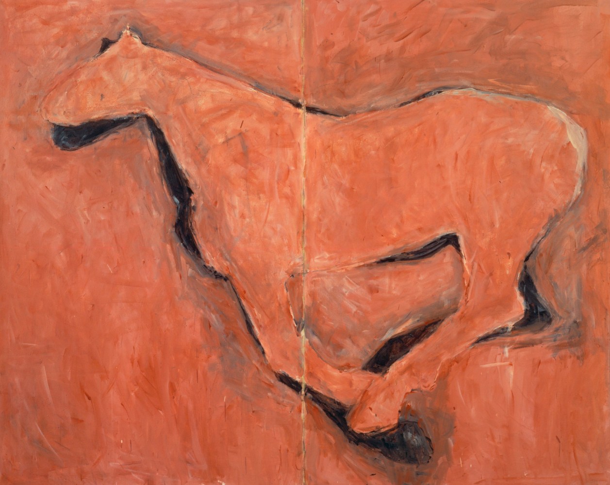 monochromatic sienna painting of a horse in motion with a black shadow of a second horse visible around the edges of the horse's profile