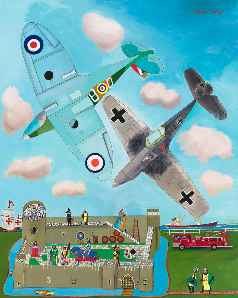 Malcolm Morley
Air Battle over Medieval Castle, 2015
oil on linen with metal and paper attachments
50 x 40 x 3 inches (127 x 101,5 x 7,6 cm)
52 x 42 x 4 inches (132 x 107 x 10 cm) frame
SW 15103
Private Collection