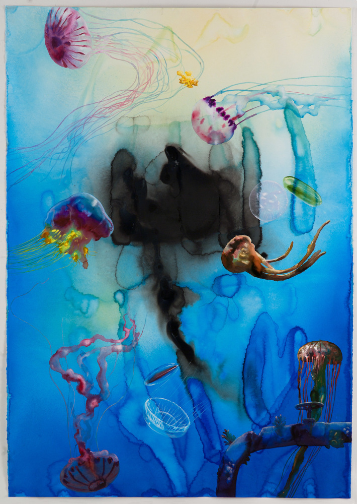 colorful watercolor of various species of jellyfish swimming around a pipe leaking black liquid into the sea