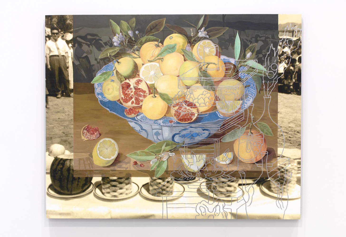One mixed media painting featuring a bowl of fruit on a table overlay a photo.