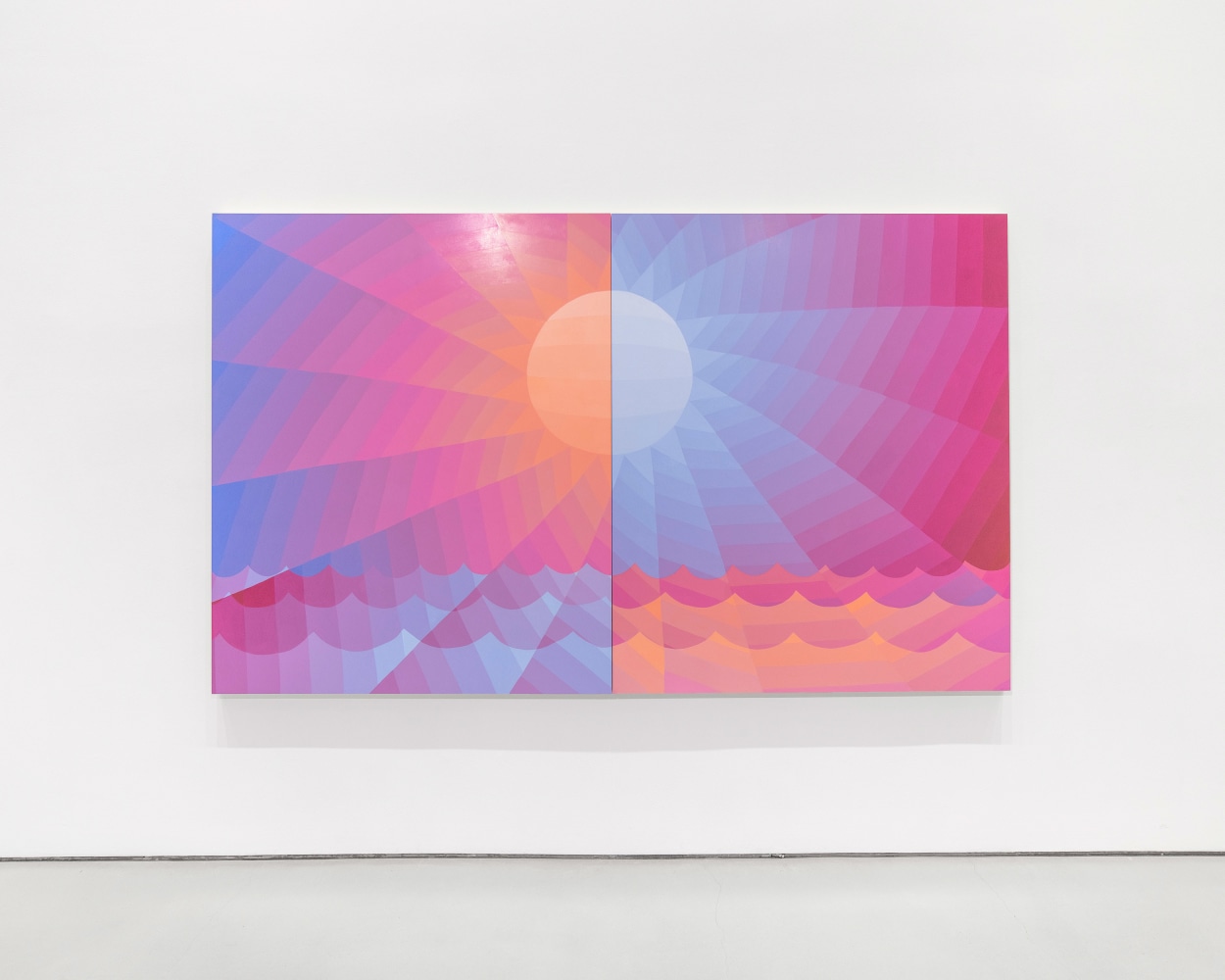 white walled gallery with large pink, orange, and blue diptych painting of a sun on the wall