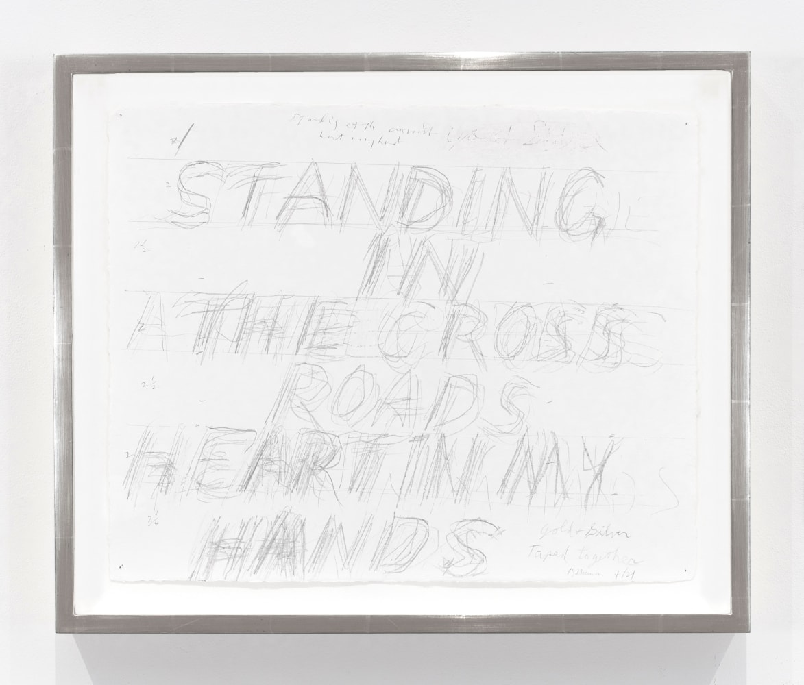 Bruce&amp;nbsp;Nauman
Standing at the crossroads heart in my hands (bad week), 2024
goldpoint and silverpoint on prepared paper
16 1/4 x 20 inches (41,3 x 50,8 cm)
20 x 23 1/2 x 2 inches (50,8 x 59,7 x 5,1 cm) frame
SW 24239