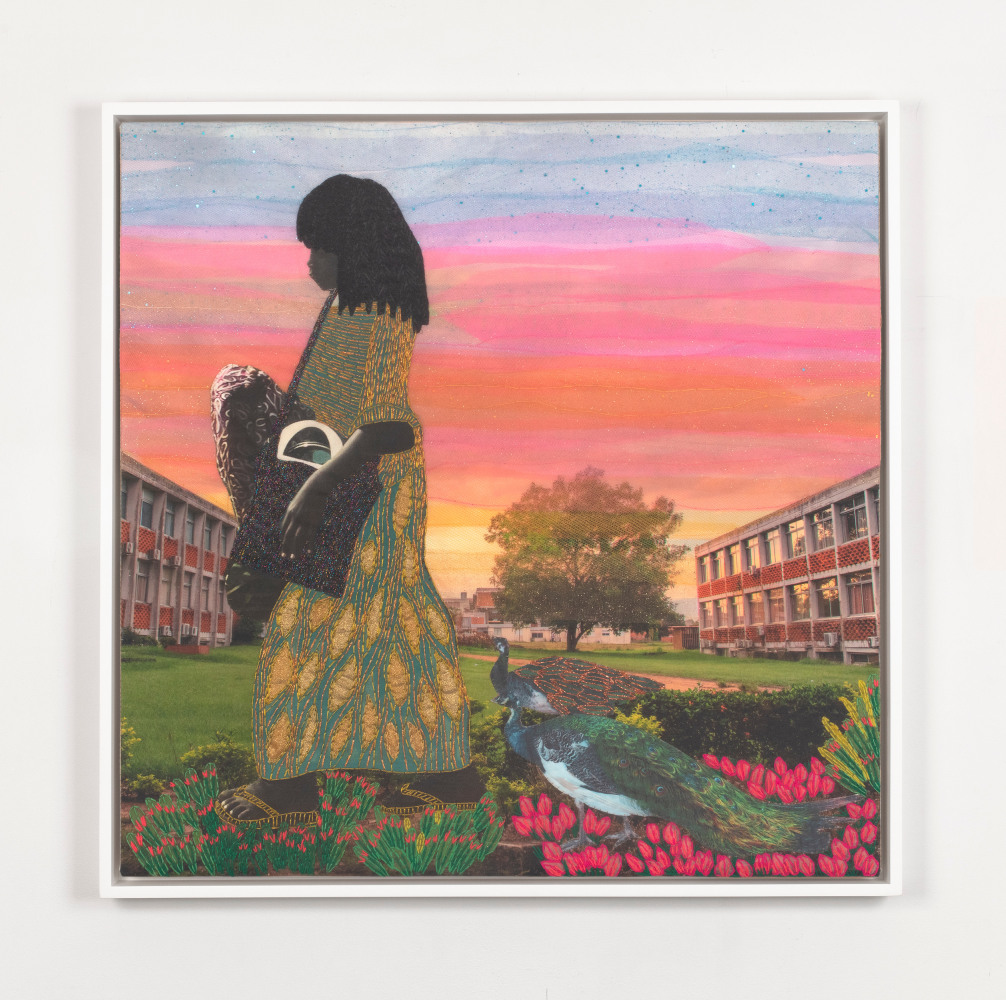 Framed artwork of young woman with sunset in the background and peacock in the foreground