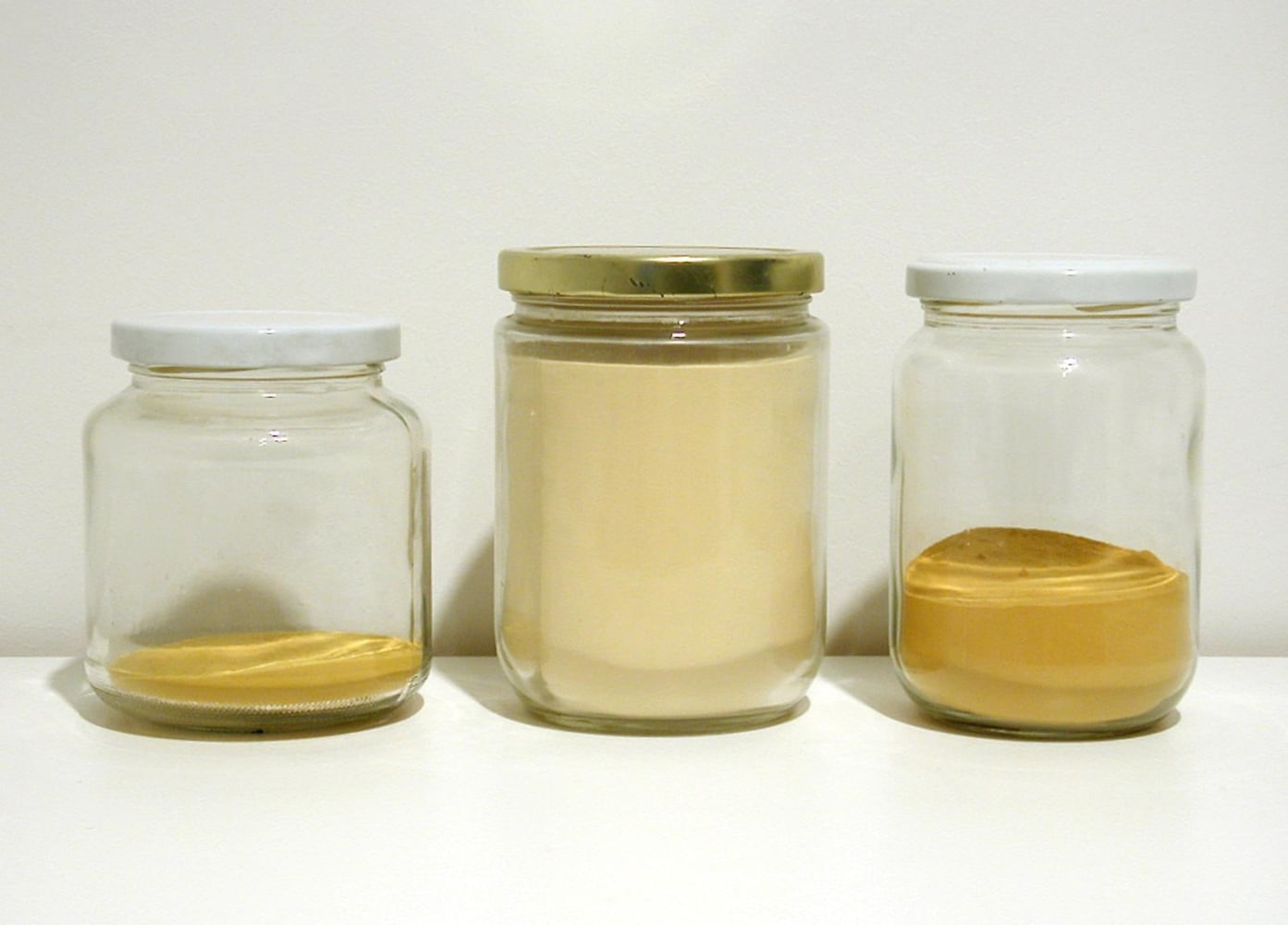 Wolfgang Laib
Pollen Jars on a Shelf, 2003
three jars of pollen: Buttercup (80), Hazelnut (80), Moss (78)
dimensions variable
SW 03024