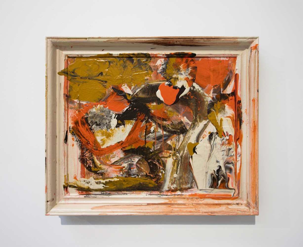 abstract painting with warm orange and ochre colors in a white found frame