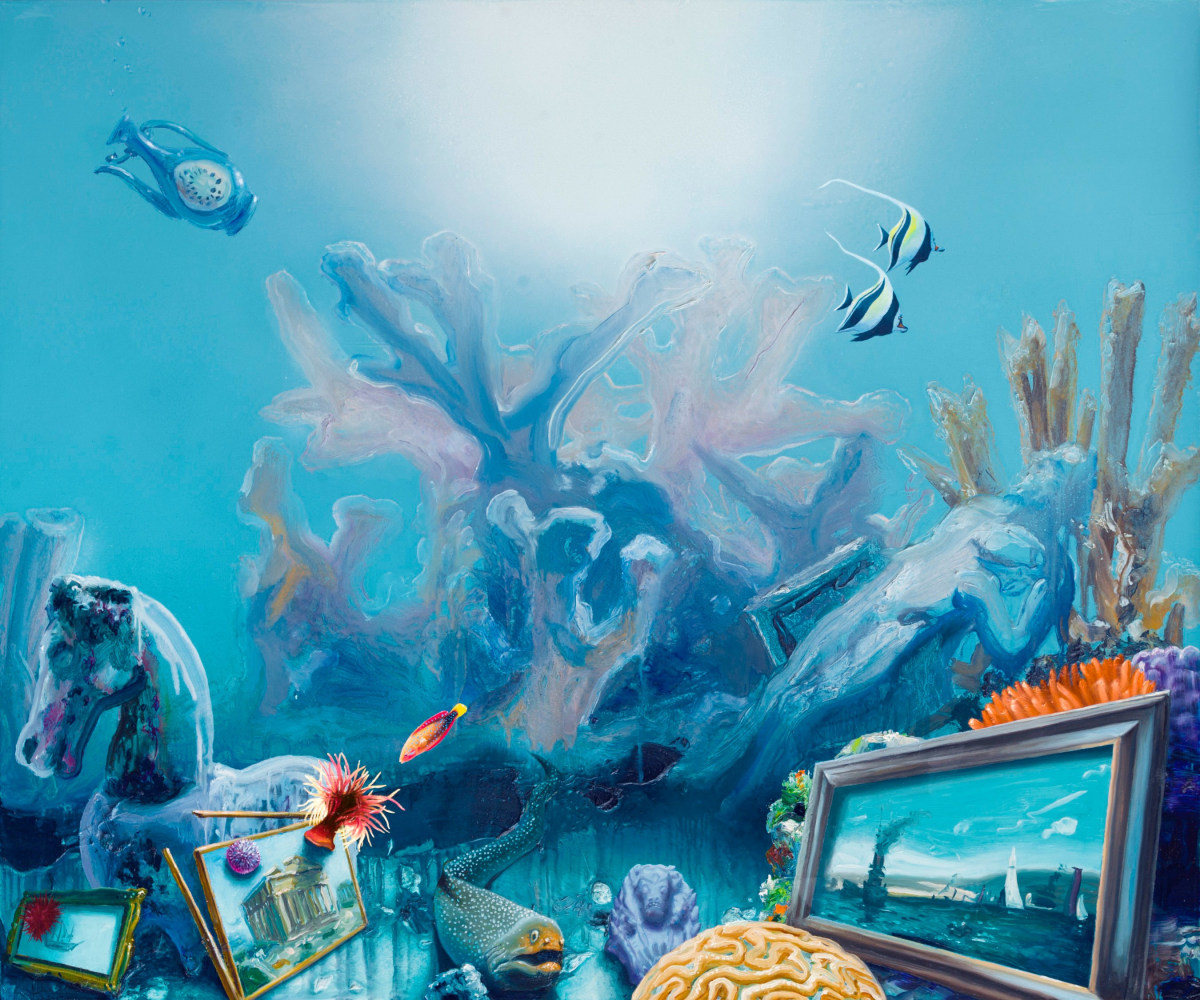 underwater coral reef with paintings and sculptures lost in a shipwreck