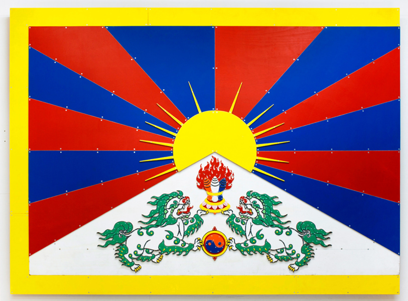 painting of the Tibetan flag on wood panel