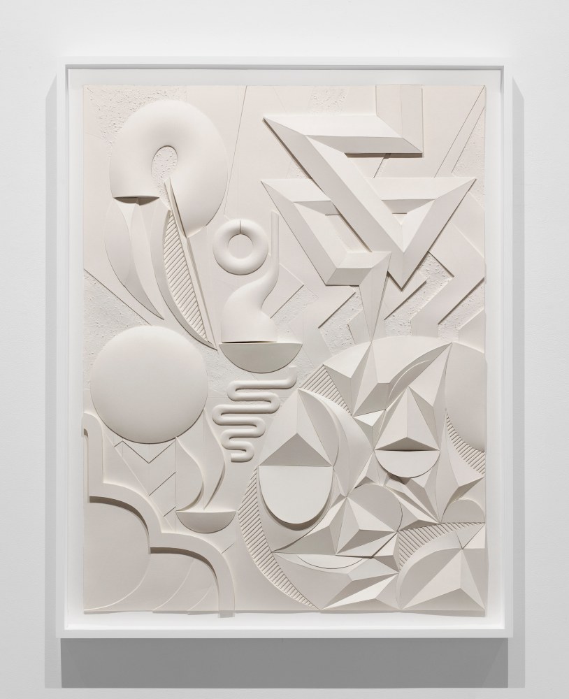 cream-colored monochromatic bas-relief with abstract geometric and organic forms