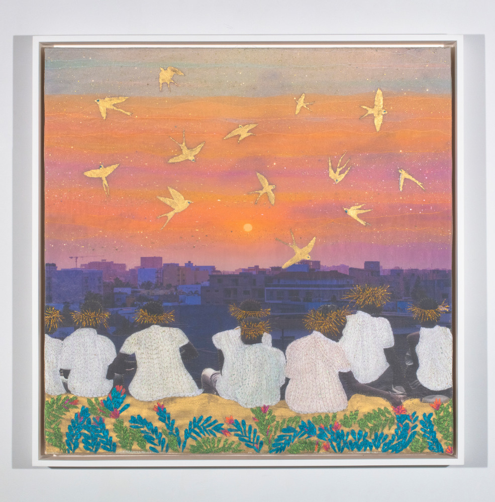 Group of people with gold crowns with backs towards viewer, overlooking a city at dawn with golden birds