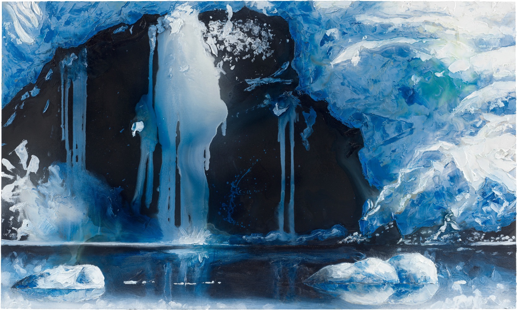 A blue glacier melts into a dark sea
