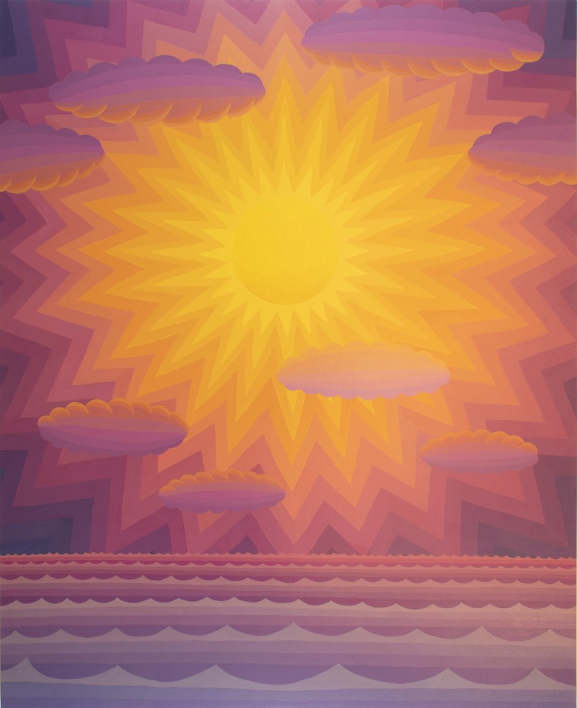 A glowing yellow sun's rays expand brightly into a purple sky dotted by clouds over a calm pink and purple sea