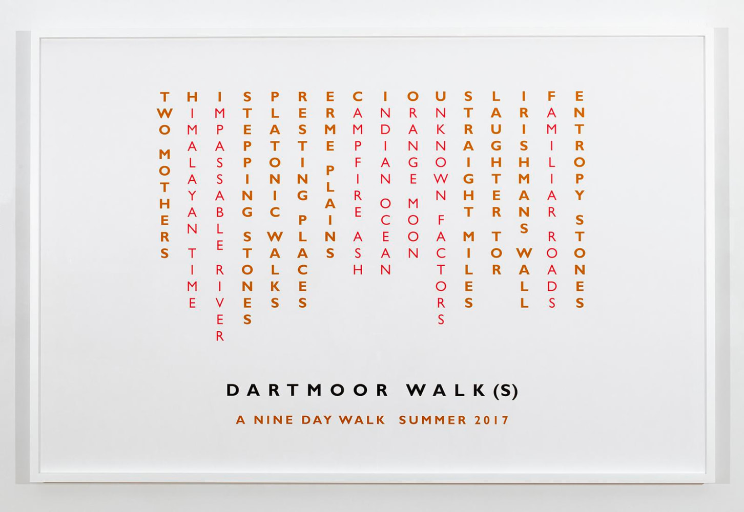 Richard&amp;nbsp;Long
Dartmoor Walk(s), 2017
text
117 x 148 inches (297,2 x 375,9 cm) as installed
framed text: 41 3/4 x 63 1/8 inches (106 x 160,3 cm)