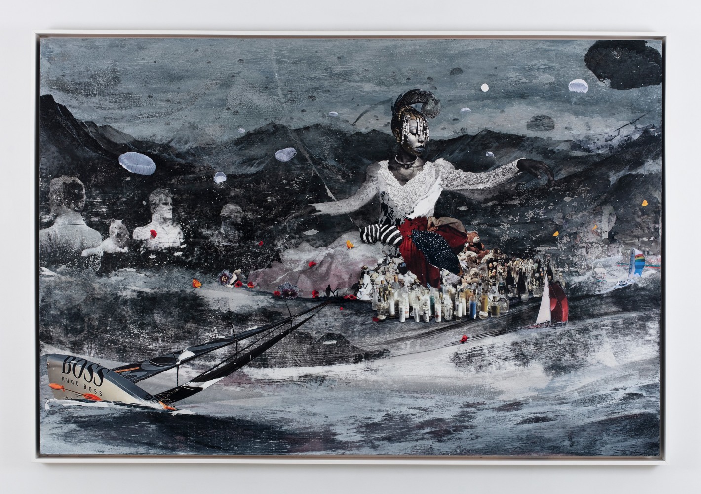 collaged painting of a woman wearing a lacy white dress sitting in front of a mountainscape and surrounded by votive candles, busts of historical men, racing boats, parachutes and poppies