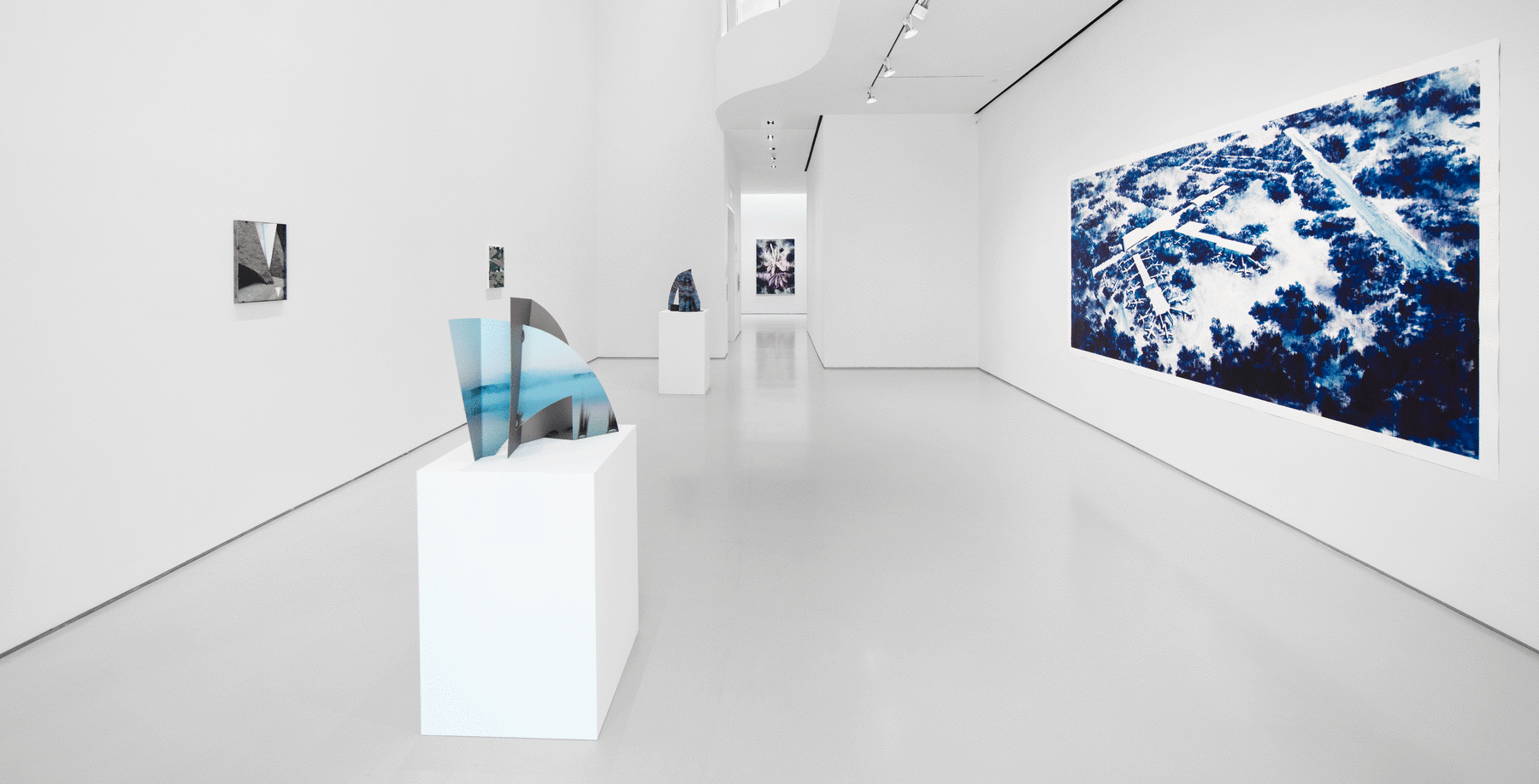 Installation view of a white gallery room with two sculptures on pedestals and four pieces hanging on the walls