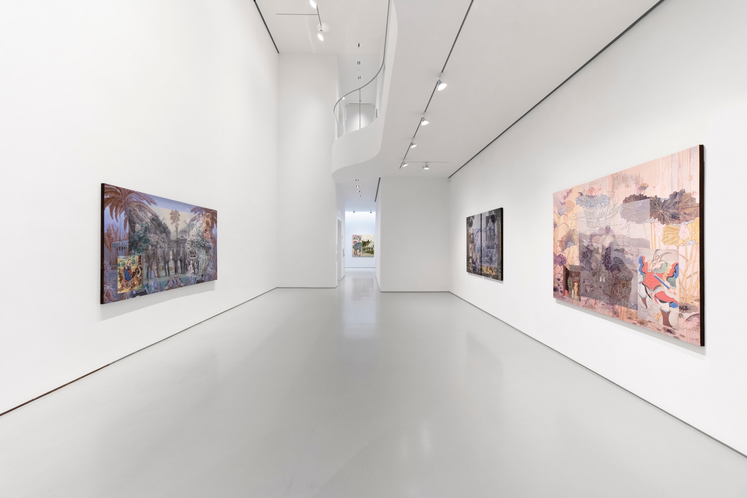 Three figurative paintings placed on separate parallel walls converging towards a fourth at the end of the space