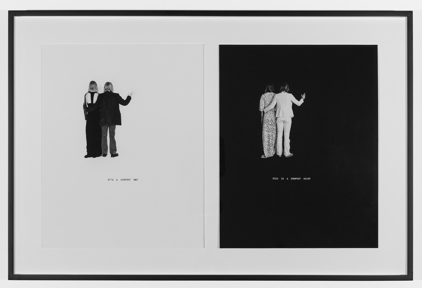 William&amp;nbsp;Wegman
It&amp;rsquo;s a Perfect Day, This is a Perfect Night, 1972/2013
gelatin silver prints
diptych; 13 7/8 x 11 inches (35,2 x 27,9 cm) each
18 3/8 x 27 1/2 inches (46,6 x 69,8 cm) frame
edition 1/3, plus 2 AP
SW 19225