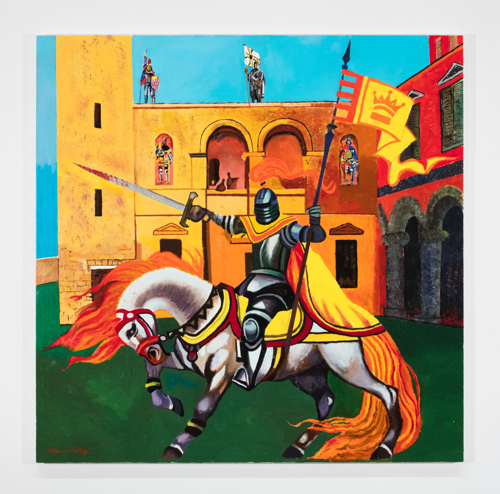 colorful painting of a knight on horseback in front of a castle