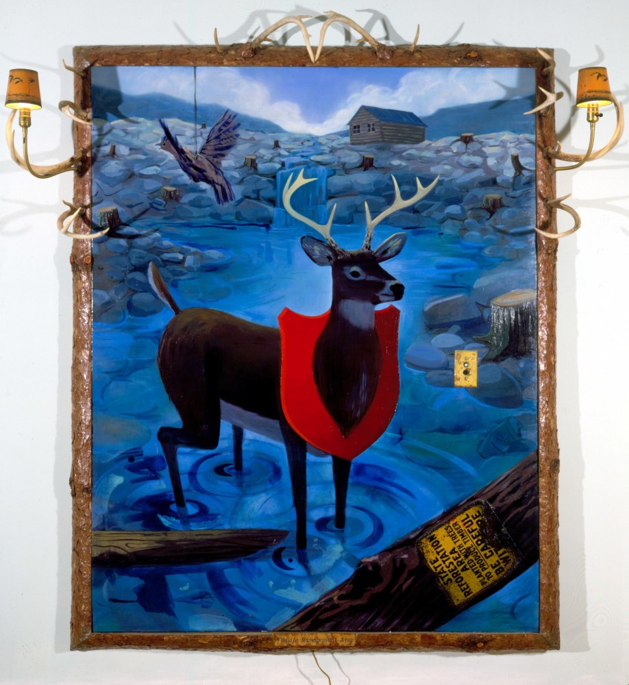 Frank Moore
Wildlife Management Area, 1990
oil on canvas on panel with wood frame with deer antlers and lamps
78 1/2 x 71 x 15 1/2 inches (199,4 x 180,3 x 39,4 cm)
SW 05421
Private Collection