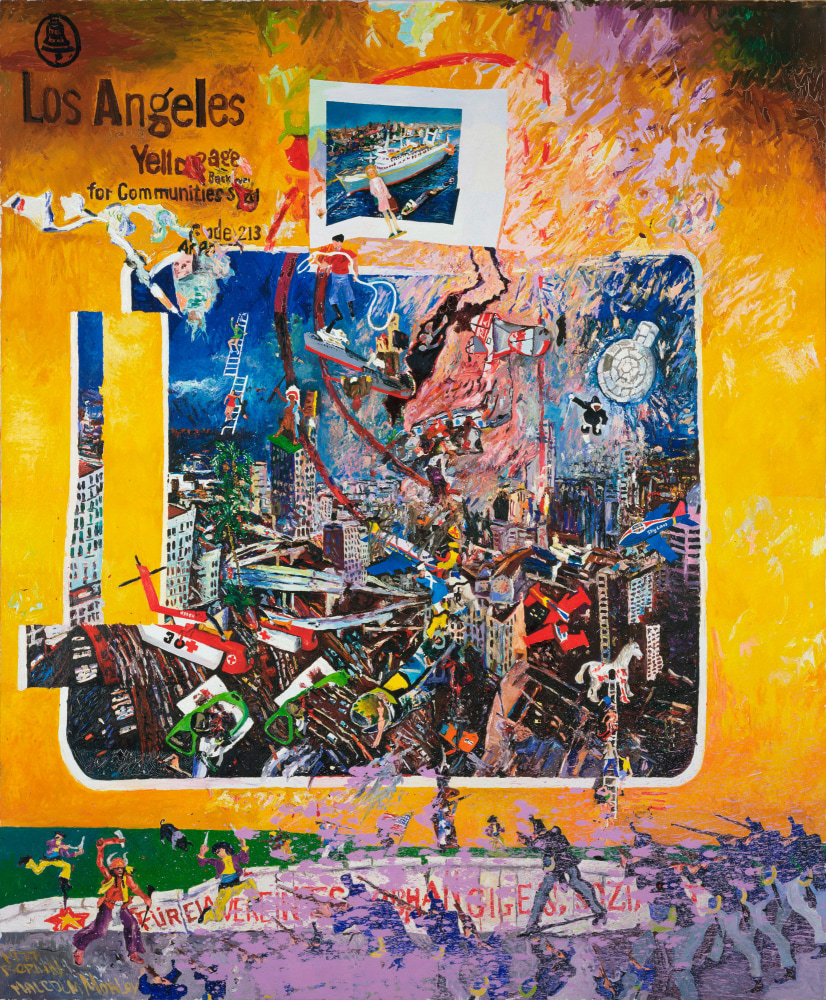 painting of the Los Angeles Yellow pages distorted with superimposed imagery of ships, planes and figures