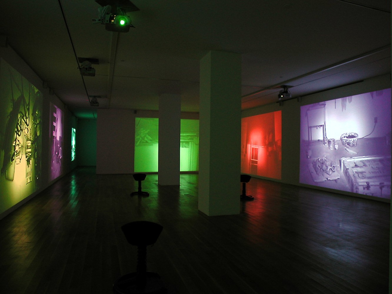 Bruce Nauman
MAPPING THE STUDIO II with color shift, flip, flop, &amp;amp; flip/flop (Fat Chance John Cage), 2001
7 channel video installation (color, sound)
7 DVDs, 7 DVD players, 7 projectors, 7 pairs of speakers
05:45:00 min.
dimensions variable
SW 02001
Collection of Tate, London;&amp;nbsp;Centre Pompidou, Mus&amp;eacute;e national d&amp;#39;art moderne, Paris; and Kunstmuseum Basel