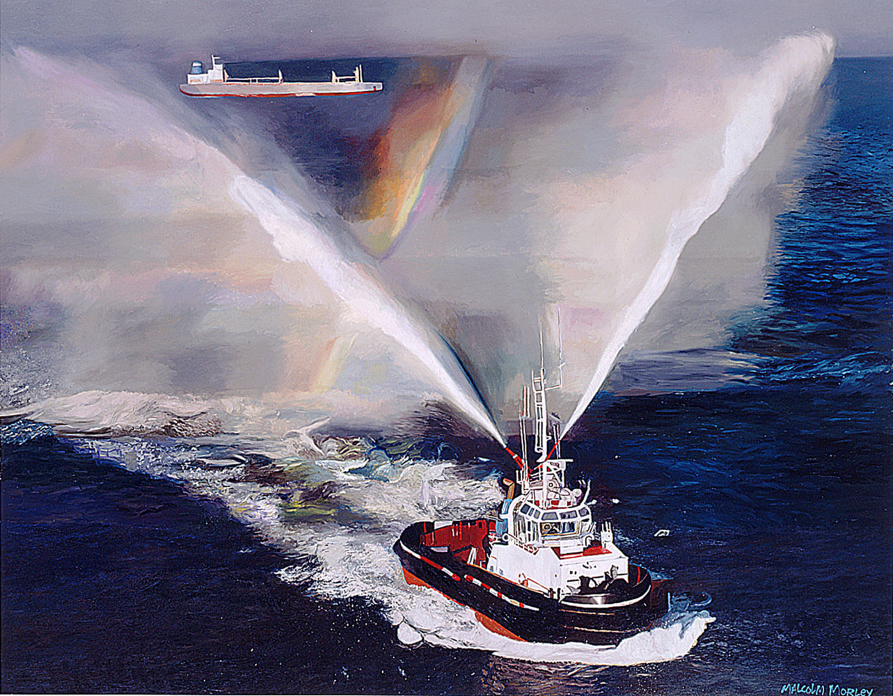 A tugboat spraying water creates a rainbow with a large freight ship in the distance