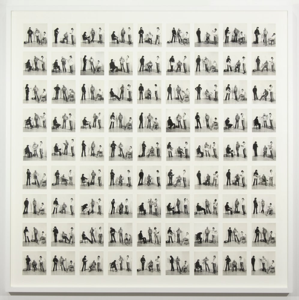William&amp;nbsp;Wegman
Three to Four, 1971-72
gelatin silver prints
eighty-one prints; 5 x 5 inches (12,7 x 12,7 cm) each
61 1/4 x 61 1/4 x 2 5/8 inches (155,6 x 155,6 x 6,7 cm) frame
SW 18014
