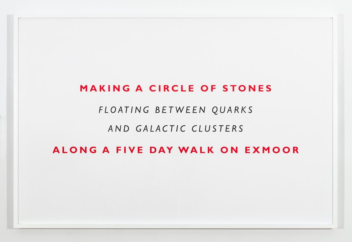 Richard&amp;nbsp;Long
Making a Circle of Stones, 2019
text
104 x 282 inches (264,2 x 716,3 cm) as installed
framed text: 41 3/4 x 63 1/8 inches (106 x 160,3 cm)