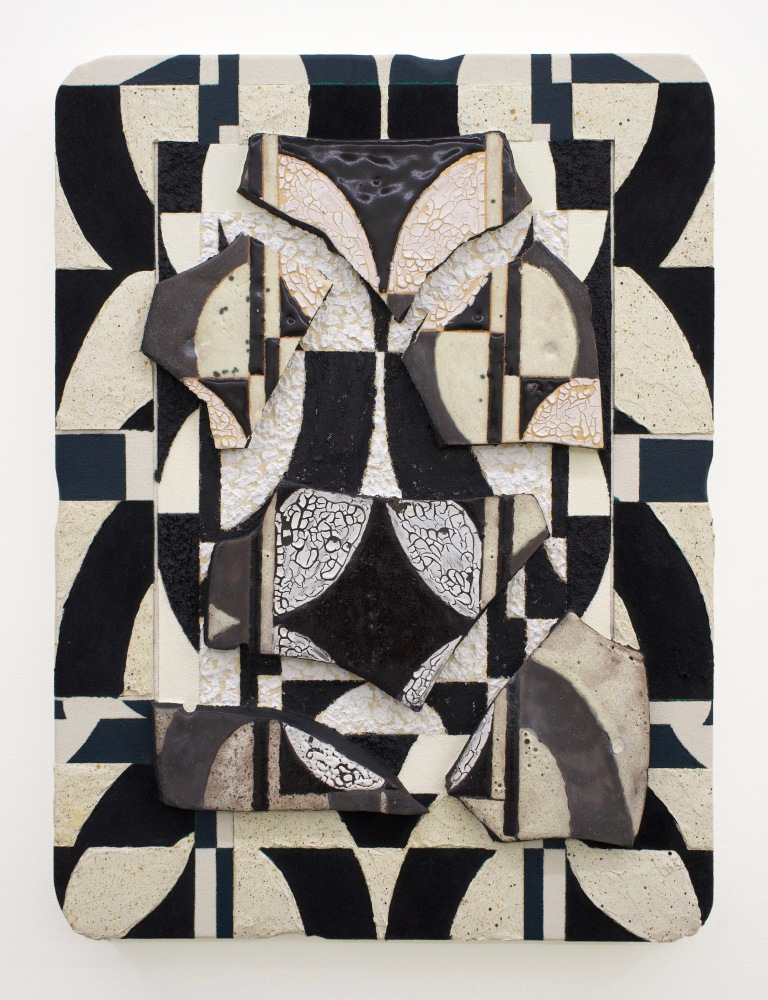 Mixed-media wall piece featuring fragmented ceramic tiles arranged on a geometric, black-and-cream patterned background. The tiles are irregularly broken, exposing textured edges, and display bold black arcs, lines, and crackled white surfaces that align with and disrupt the underlying grid-like composition.