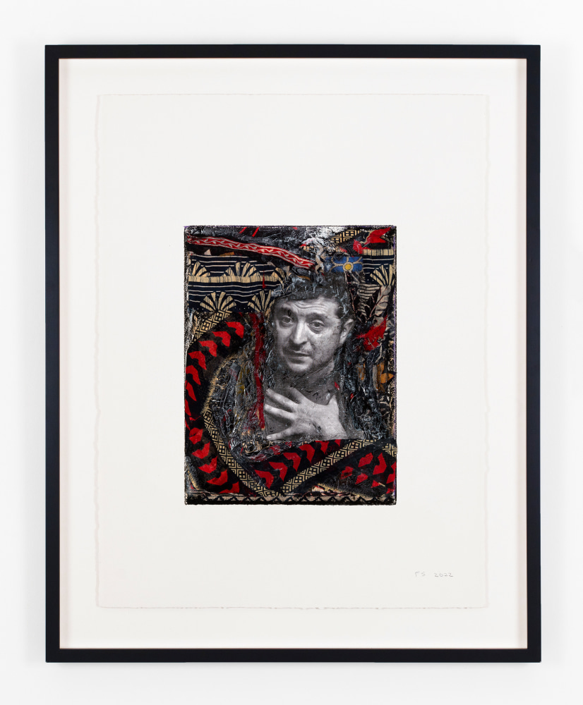 Peter Sacks

Resistance Series (Volodymyr Zelenskyy 3), 2022

mixed media on paper

30 x 22 1/2 inches (76,2 x 57,2 cm)
36 1/4 x 29 x 2 inches (92,1 x 73,7 x 5,1 cm) frame

Framed: 36 1/4h x 29w x 2d in
92.08h x 73.66w x 5.08d cm

SW 22270