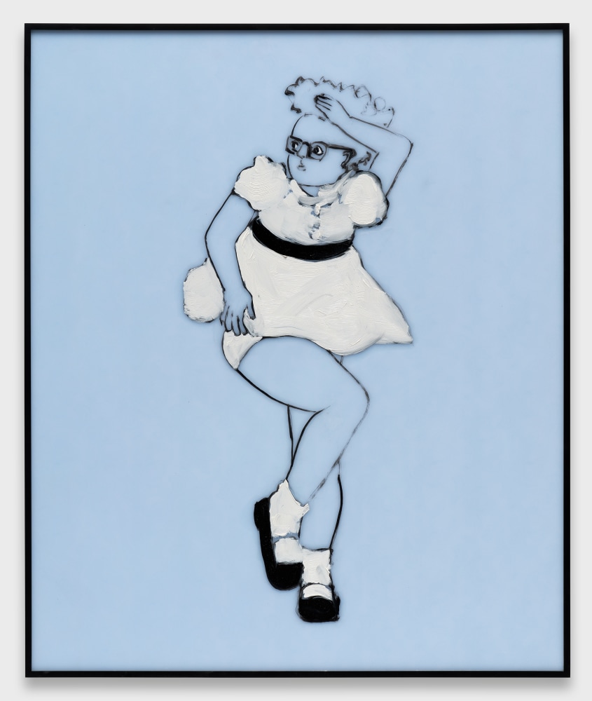 Girl with black glasses in a white frilly dress with a black belt and white socks and black mary janes stands on one foot with other leg lifted against a light blue backdrop. Her right hand is raised to her head and her left hand is holding the hem of her dress.