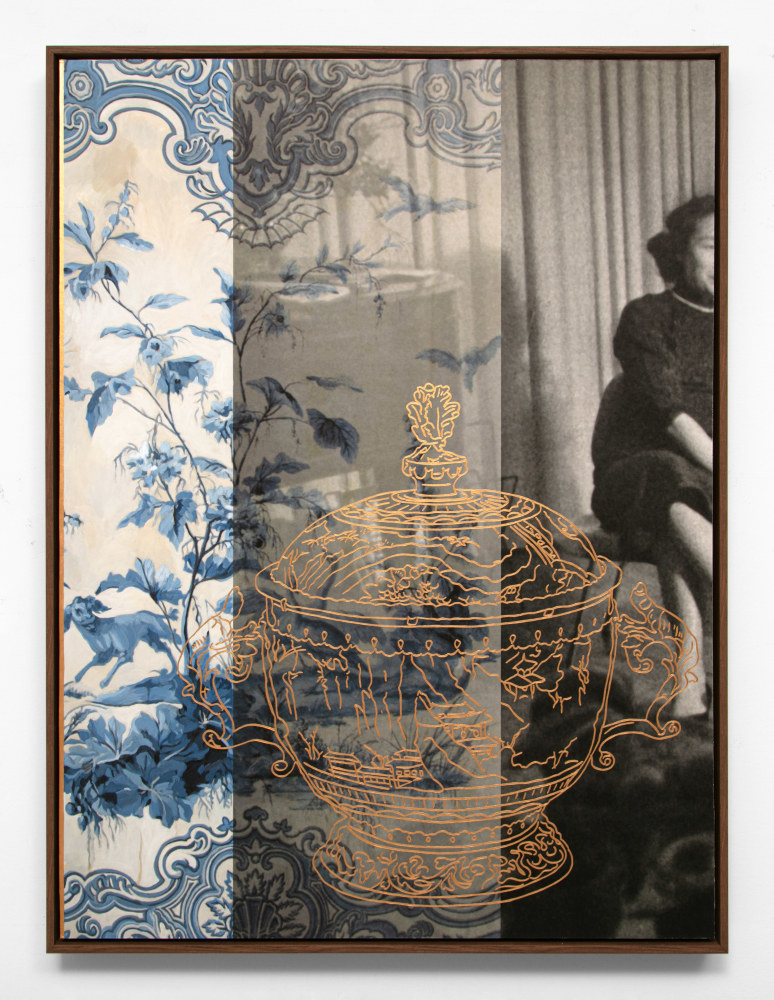The golden outline of a vase and its details set against an image with three distinct registers of color, one blue and white featuring flora and fauna, one black and white featuring a seated figure, and one in the middle with a translucent overlay of the blue and white over the black and white photograph.