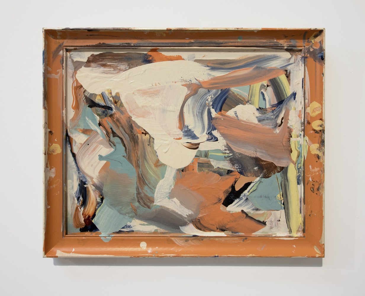 abstract painting with oranges, blue-gray, and off-white broad paint strokes in an orange found frame.