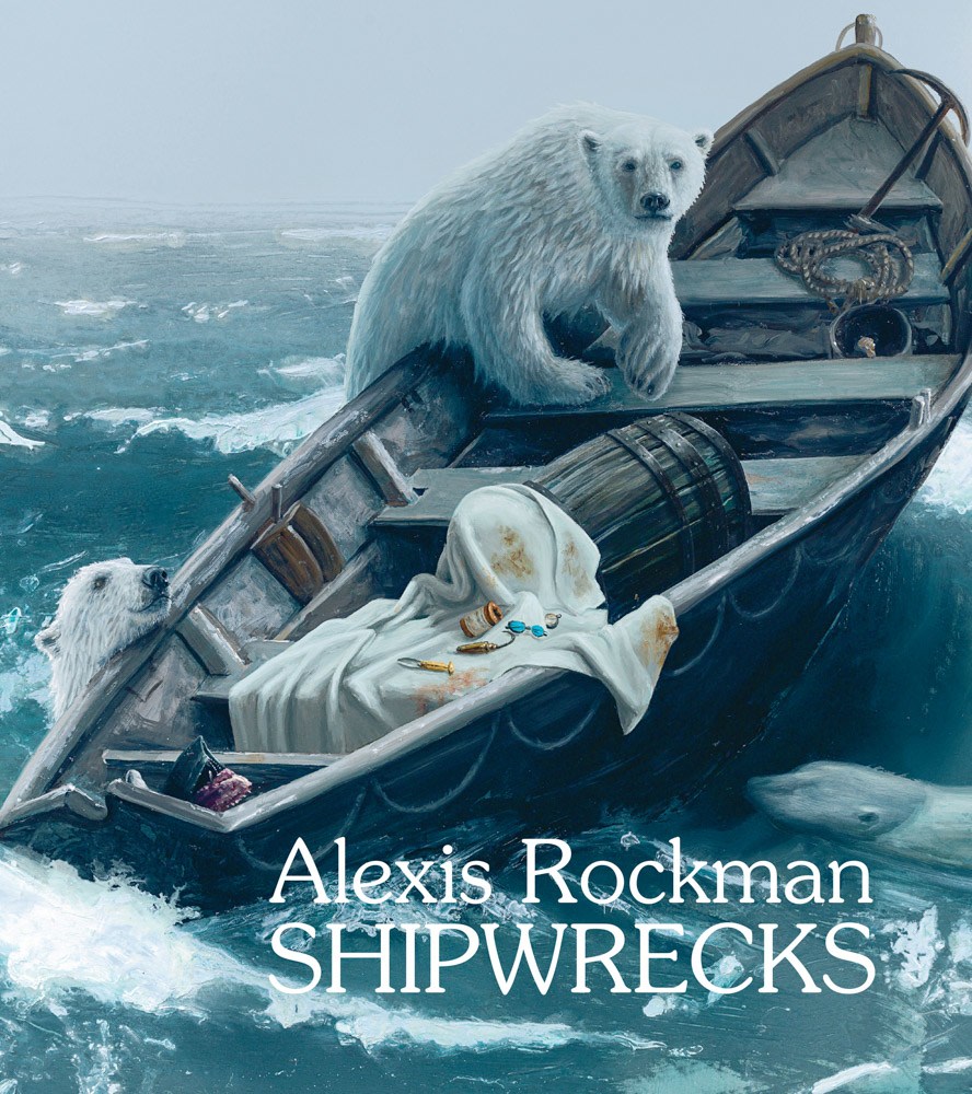 Alexis Rockman &quot;Shipwrecks&quot; catalogue cover with two polar bears climbing into a wooden lifeboat adrift on a turbulent sea